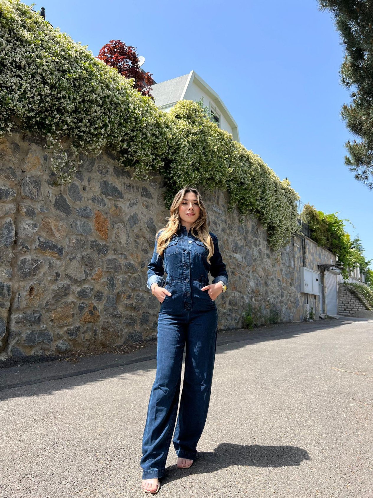 Düğmeli Uzun Denim Tulum 