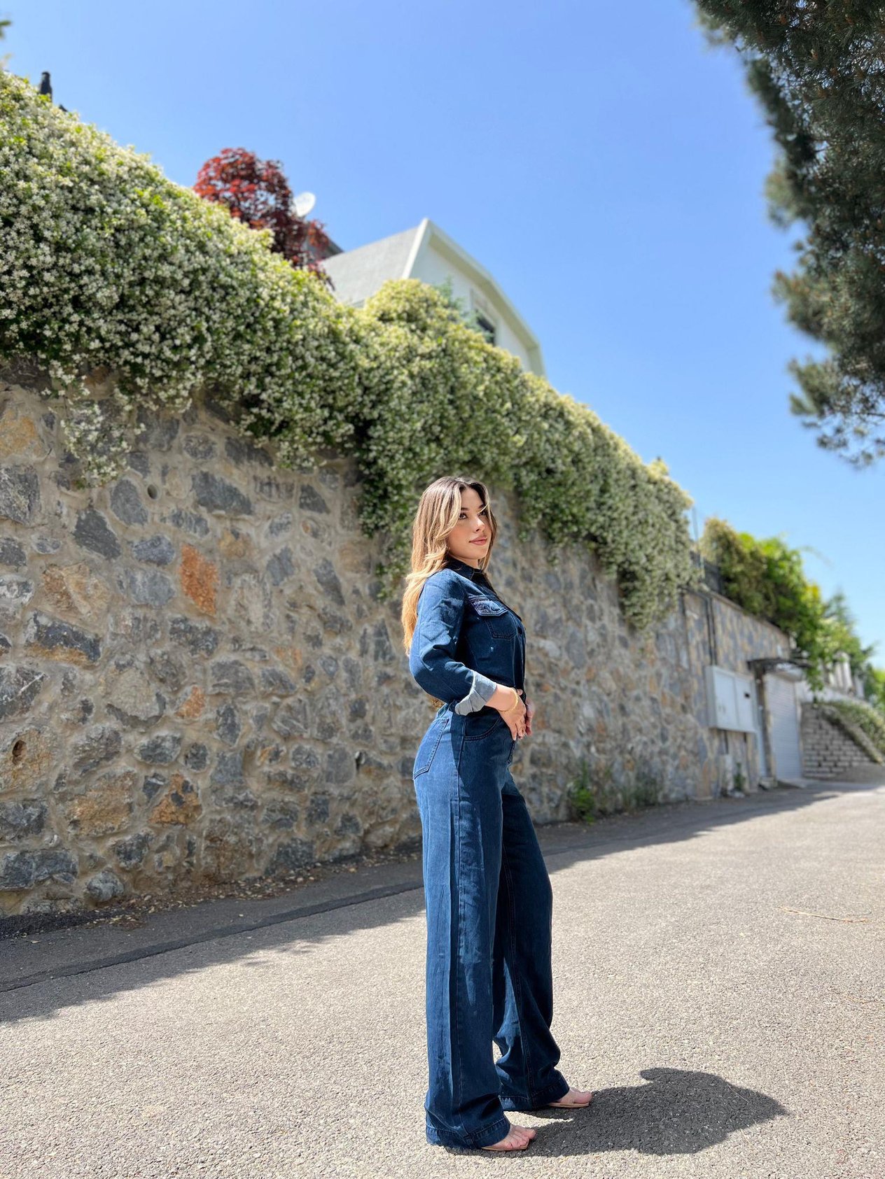 Düğmeli Uzun Denim Tulum 