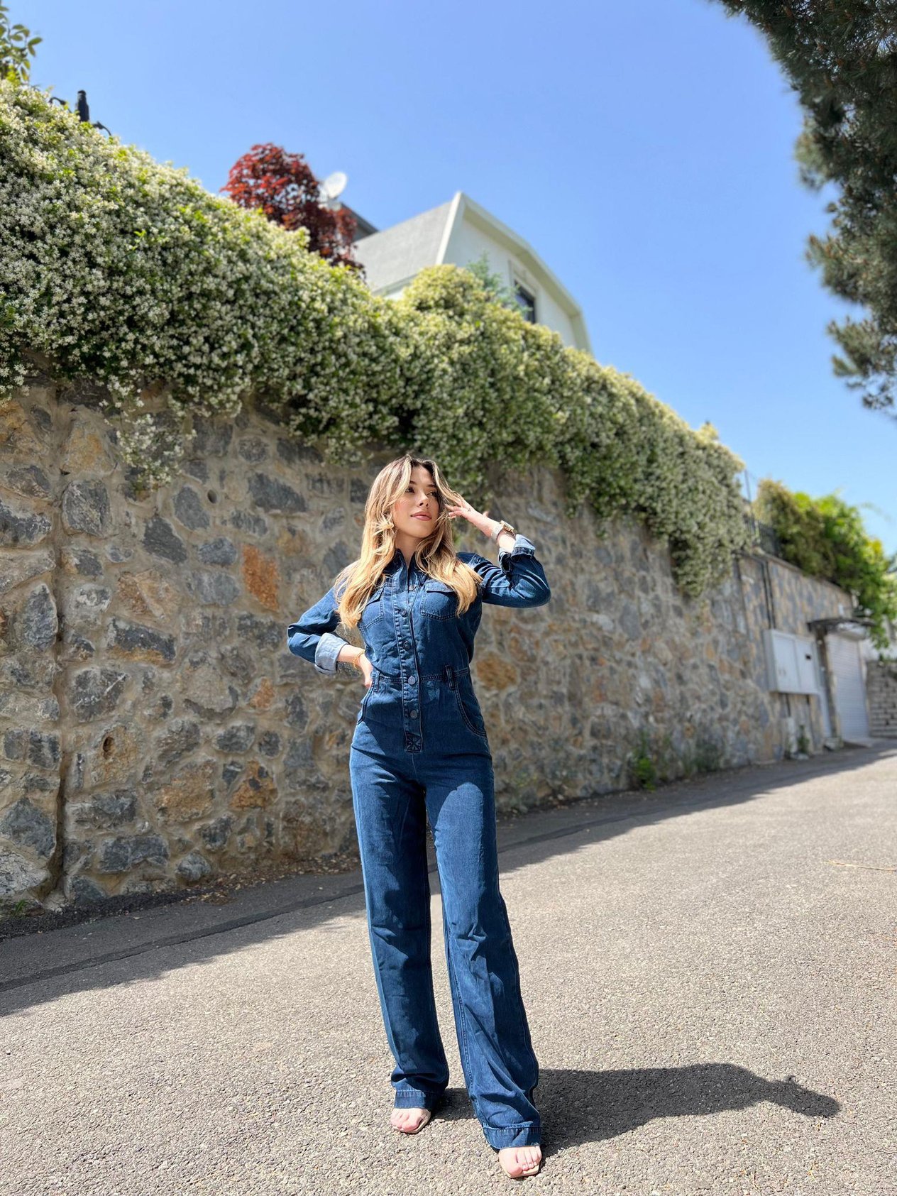 Düğmeli Uzun Denim Tulum 