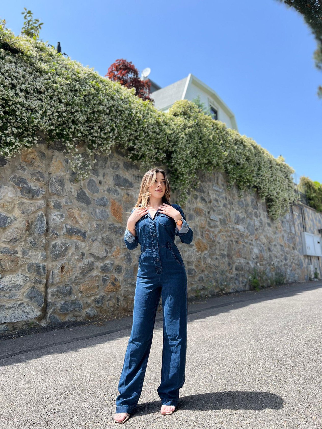 Düğmeli Uzun Denim Tulum 