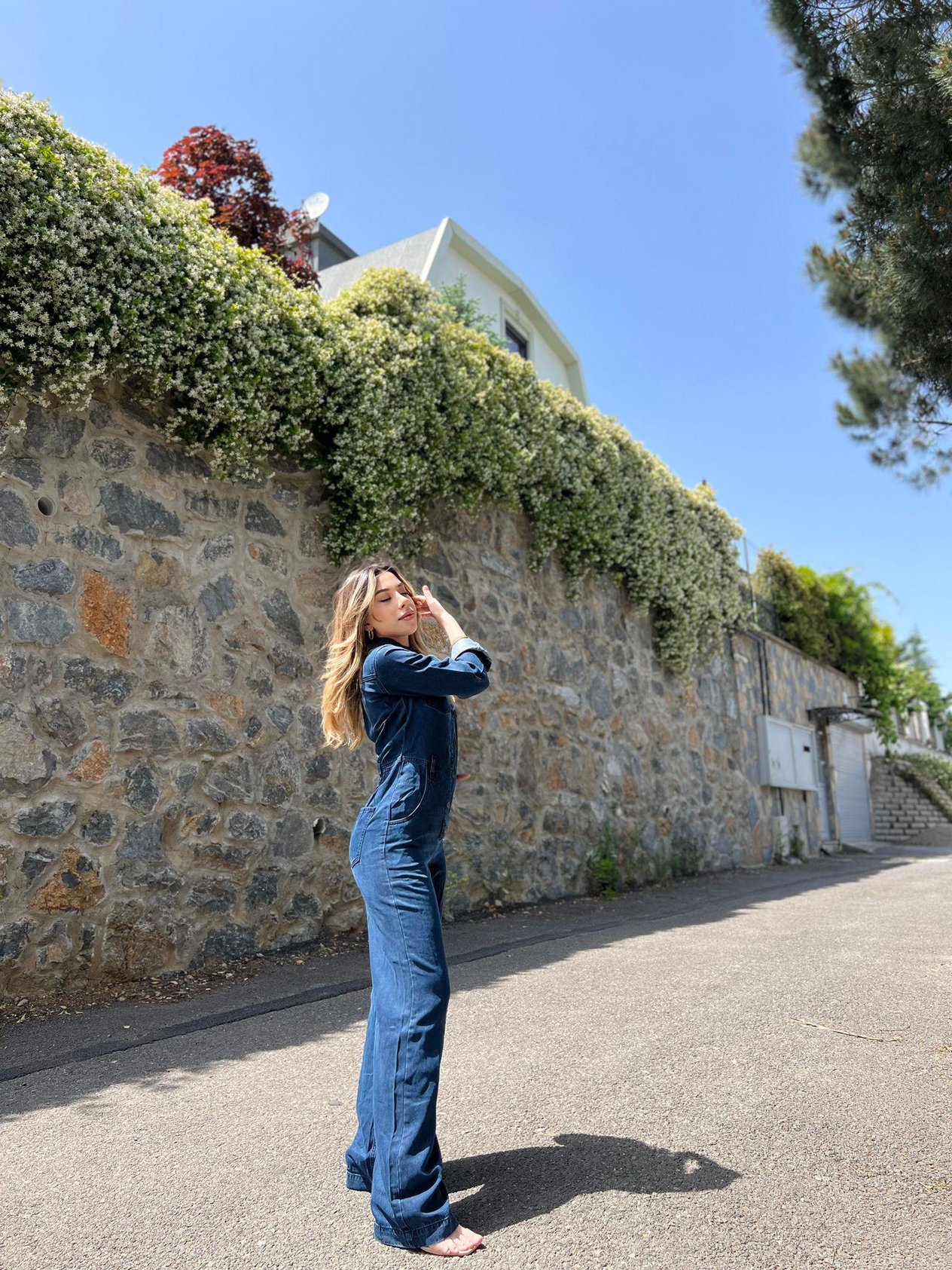Düğmeli Uzun Denim Tulum 