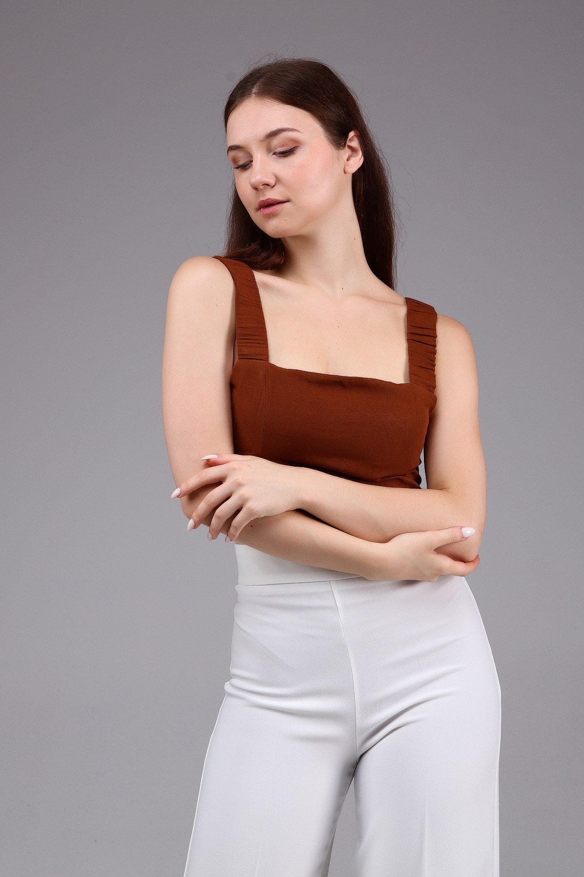 Kahverengi Keten Crop Top