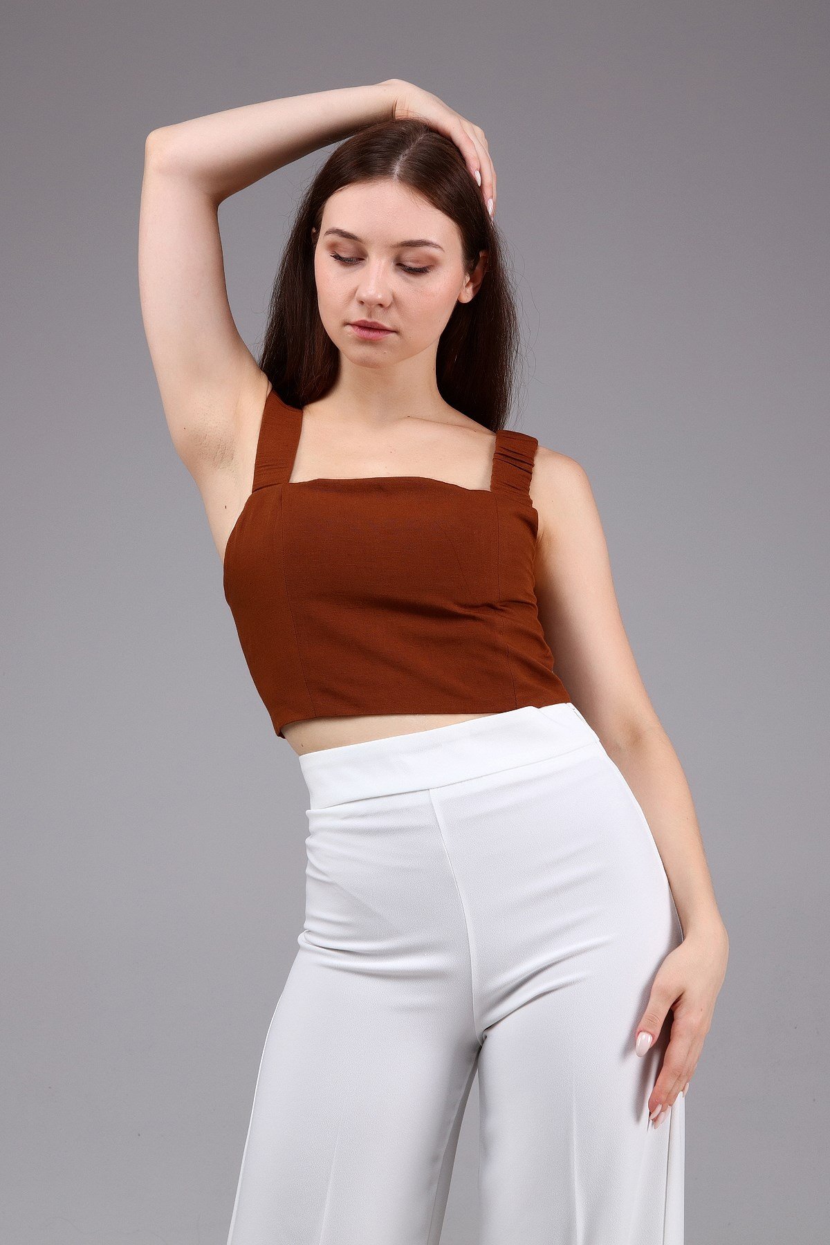 Kahverengi Keten Crop Top
