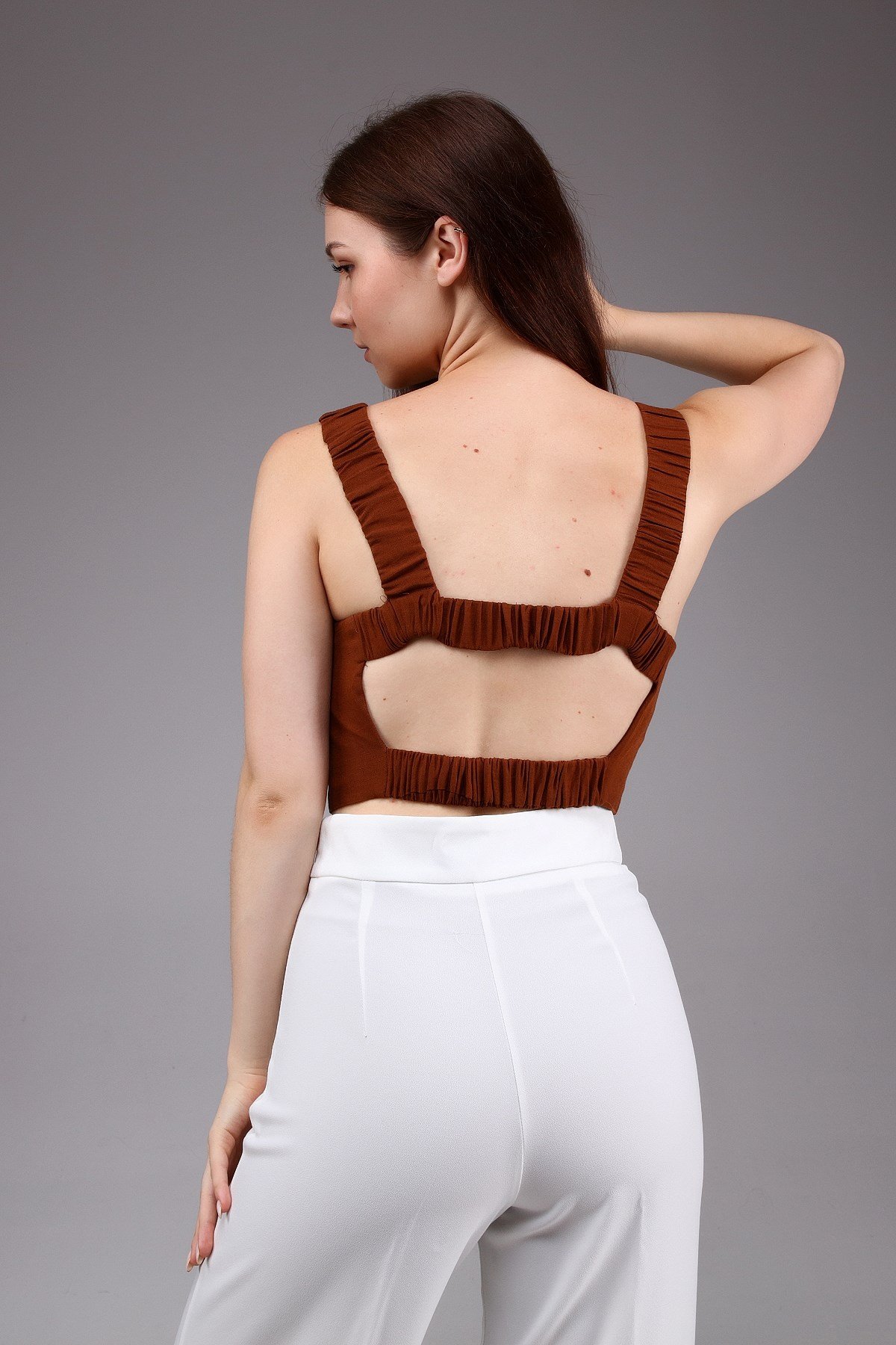 Kahverengi Keten Crop Top