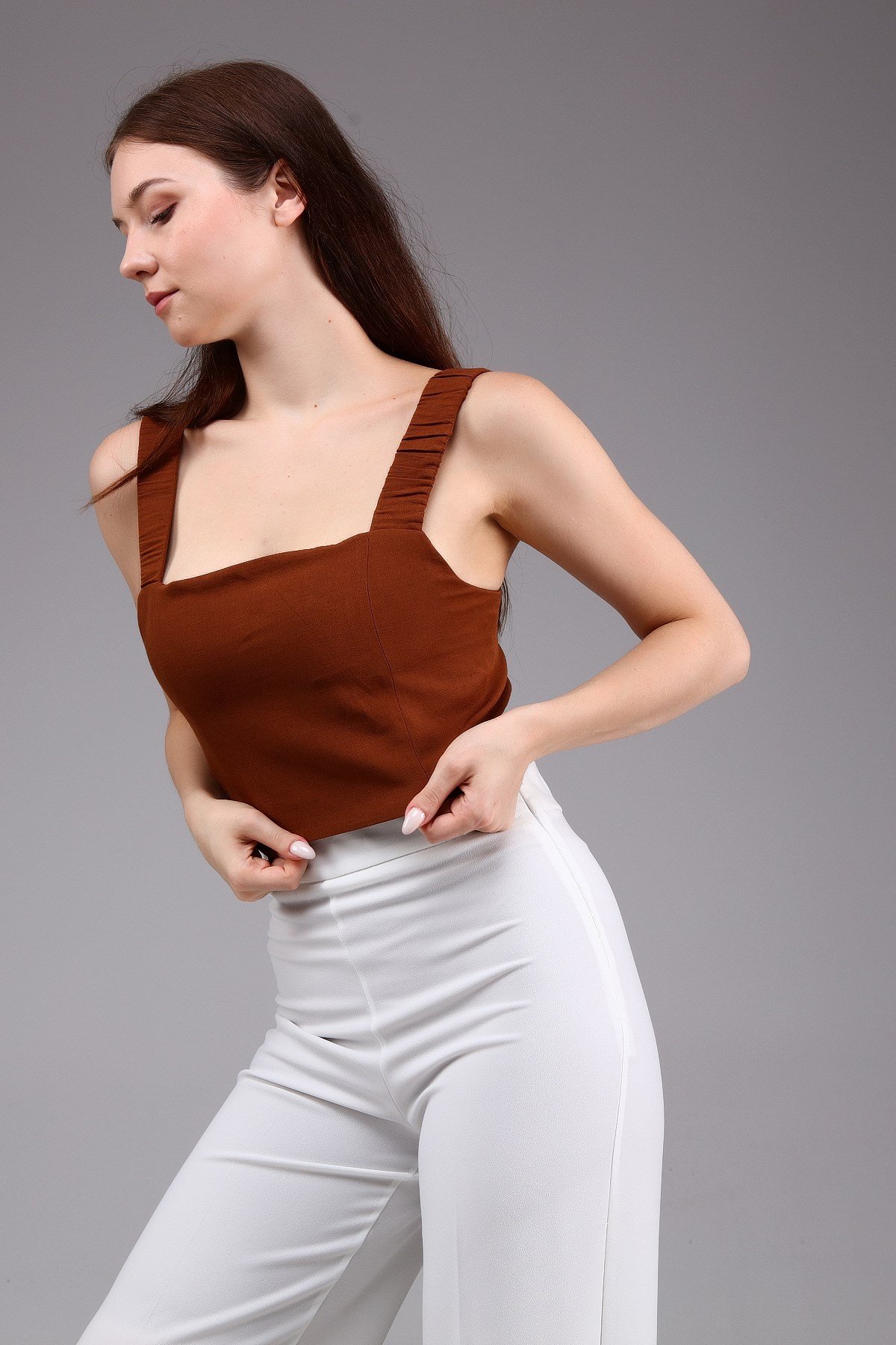 Kahverengi Keten Crop Top