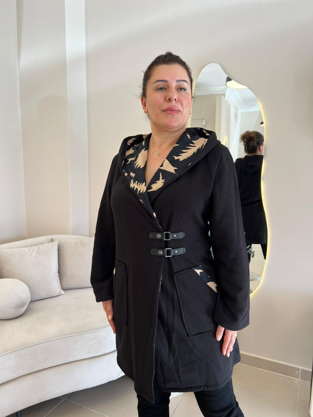 Siyah Kapşonlu 3 iplik Örme Ceket