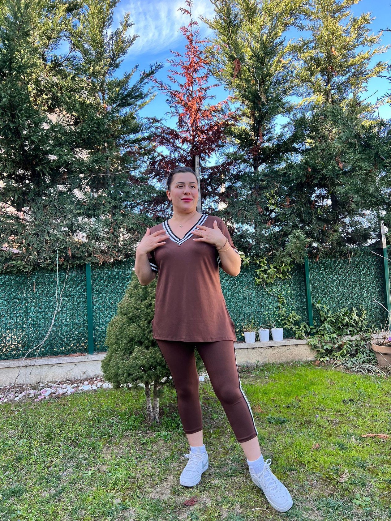 V Yaka Şeritli Tayt-Bluz Büyük Beden Takım