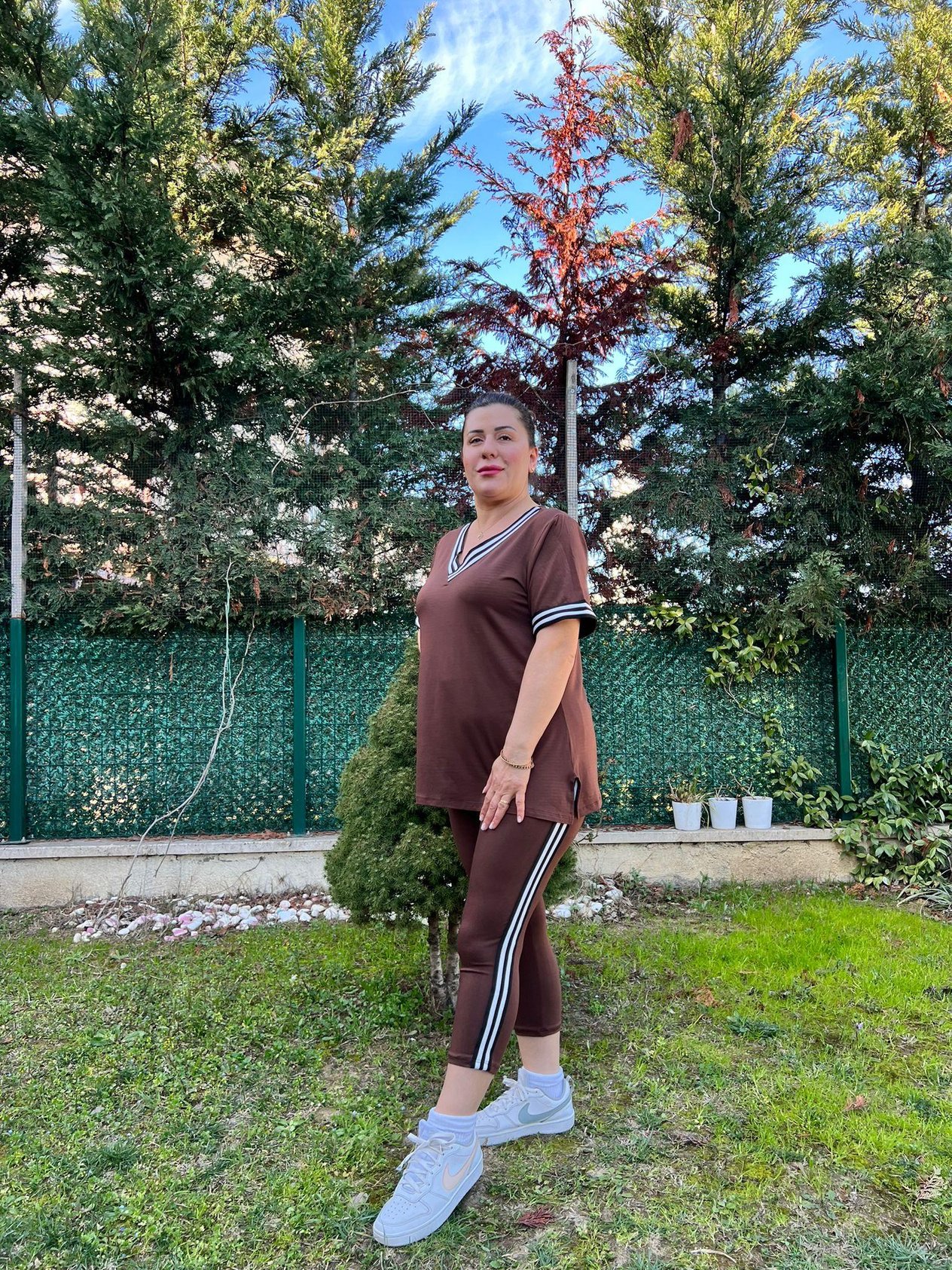 V Yaka Şeritli Tayt-Bluz Büyük Beden Takım