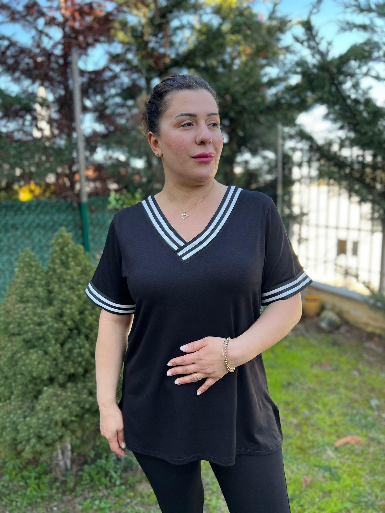 V Yaka Şeritli Tayt-Bluz Büyük Beden Takım