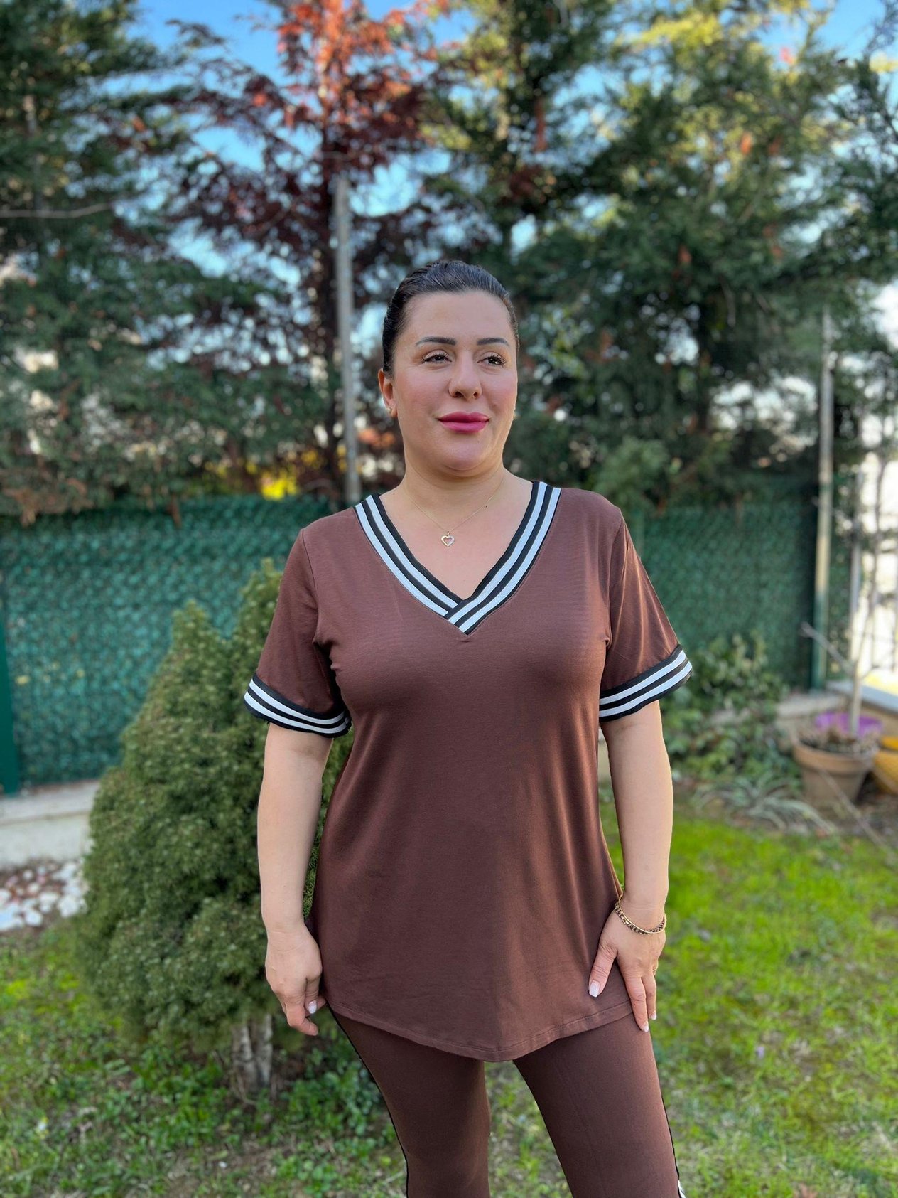 V Yaka Şeritli Tayt-Bluz Büyük Beden Takım