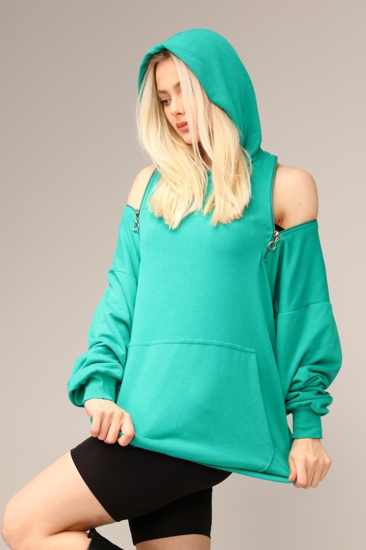 Yeşil Fermuar Detaylı Kapşonlu Sweatshirt