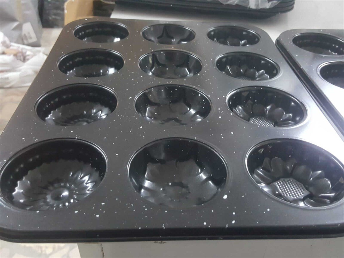 Teflon 12' Li Muffın Kek Kalıbı Yuvarlak Model Kek Kalıp Siyah Tencere Tava