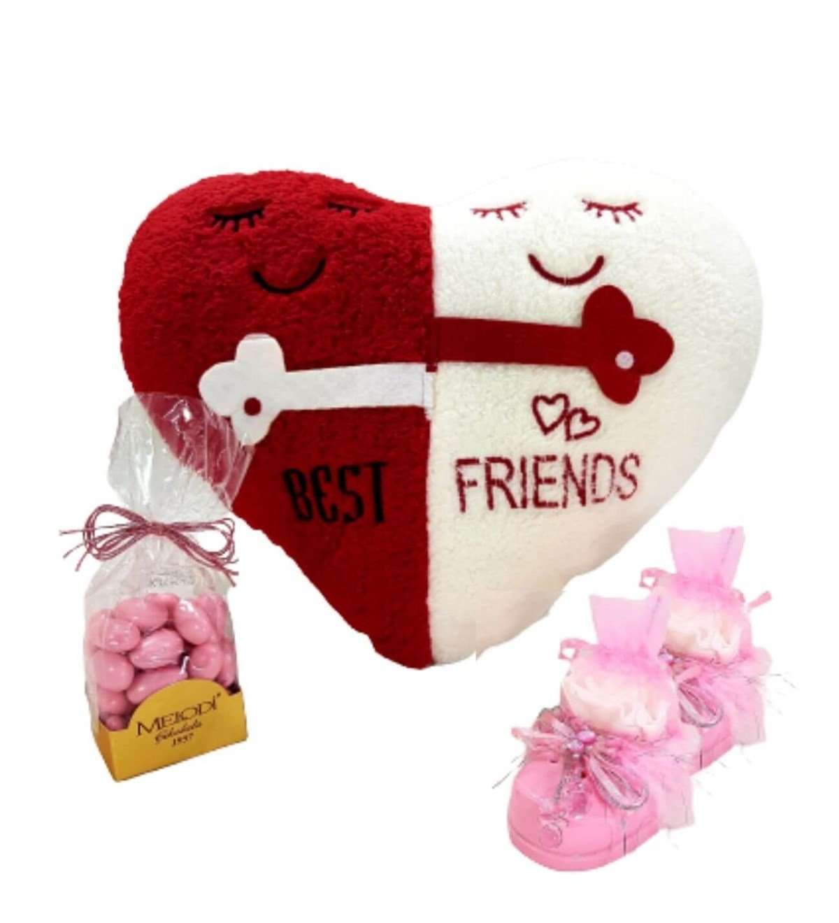 Yeni Doğan Hediye Seti - Kız Çocuk Büyük Kalp Kutuda Çocuk Bezi Ayakkabı Best Friends Yastık Kişiye Özel;