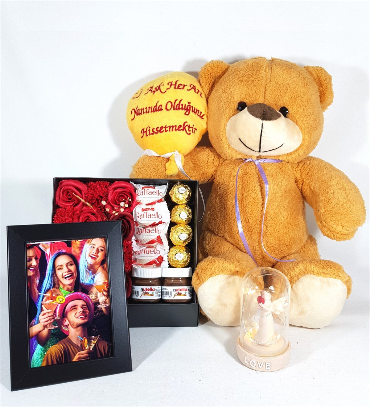 Kişiye Özel Sevgiliye Hediye Siyah Çerçeve Fotoğraflı Işıklı Şans Meleği Ferrero Çikolata Hediye Setleri