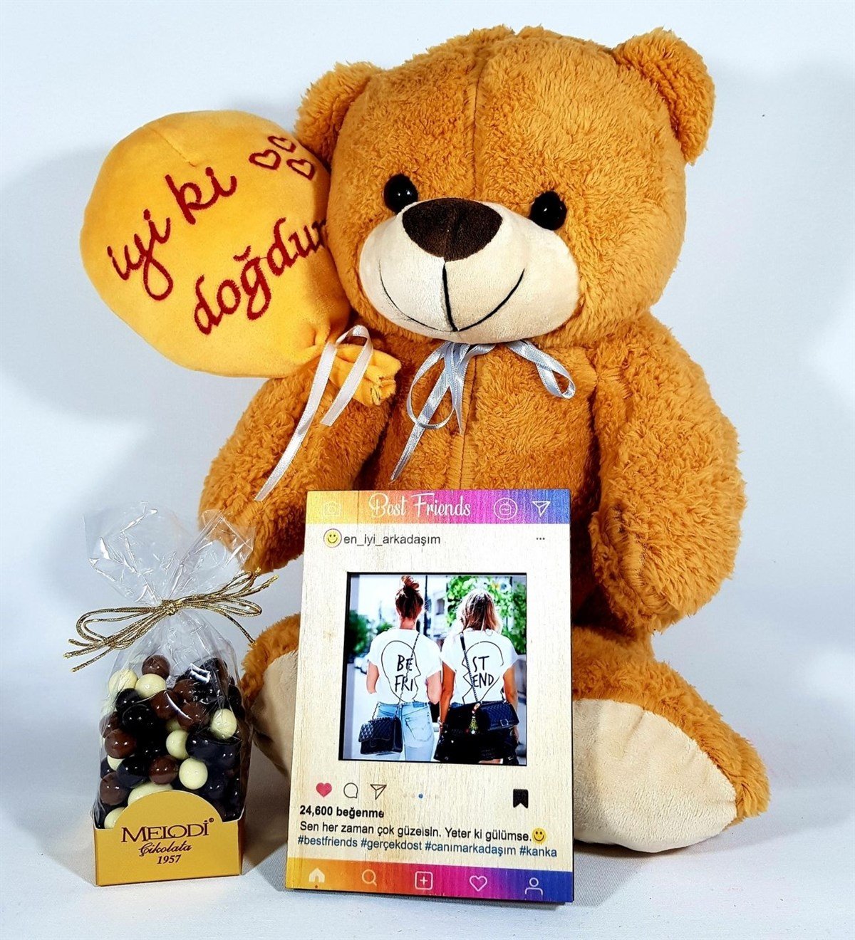Best Friends İyiki Doğdun Ayıcık İnstagram Çerçeve Panda Kar Küresi Sütlü Bitter Çikolata Hediye Setleri