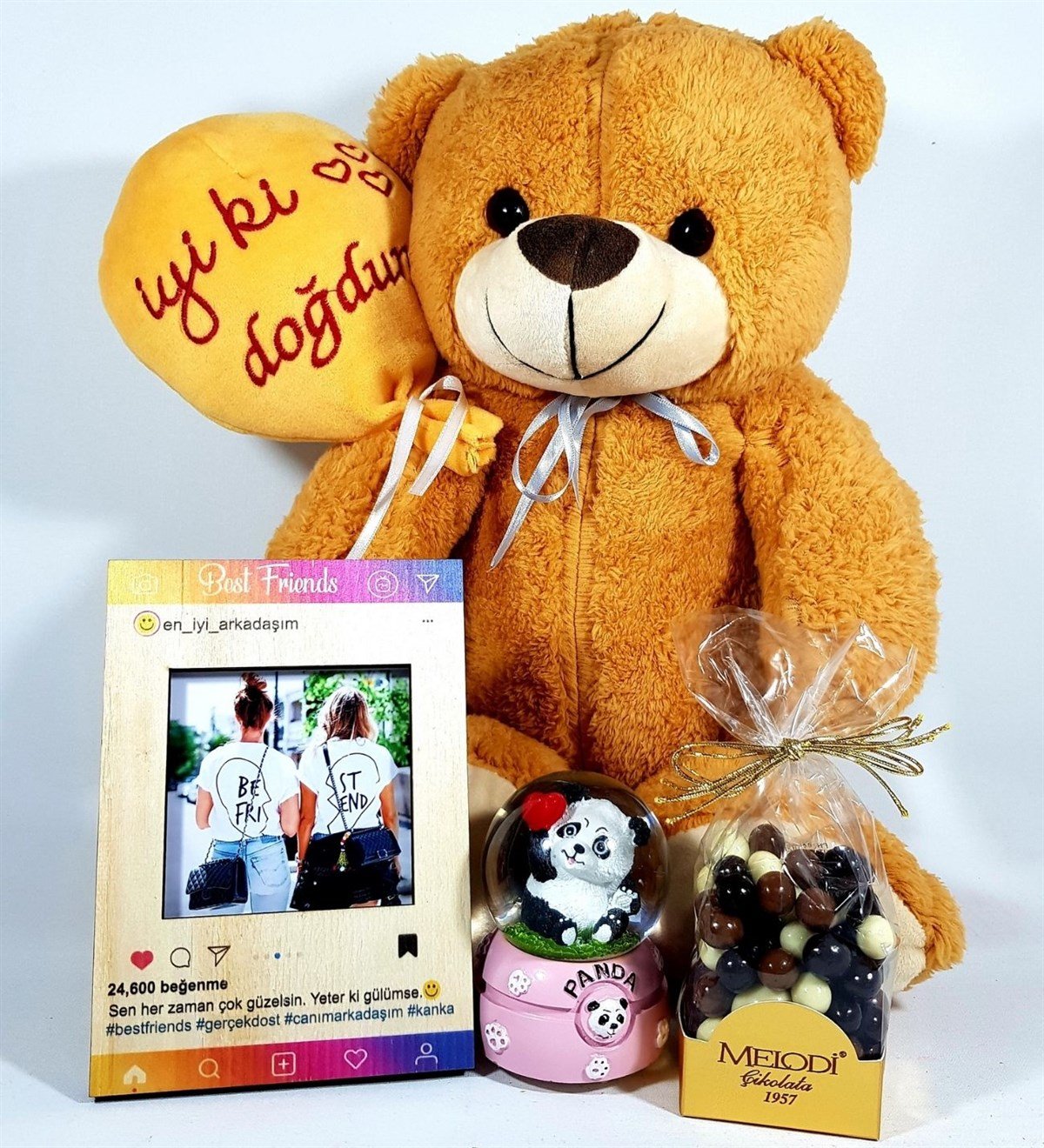 Best Friends İyiki Doğdun Ayıcık İnstagram Çerçeve Panda Kar Küresi Sütlü Bitter Çikolata Hediye Setleri