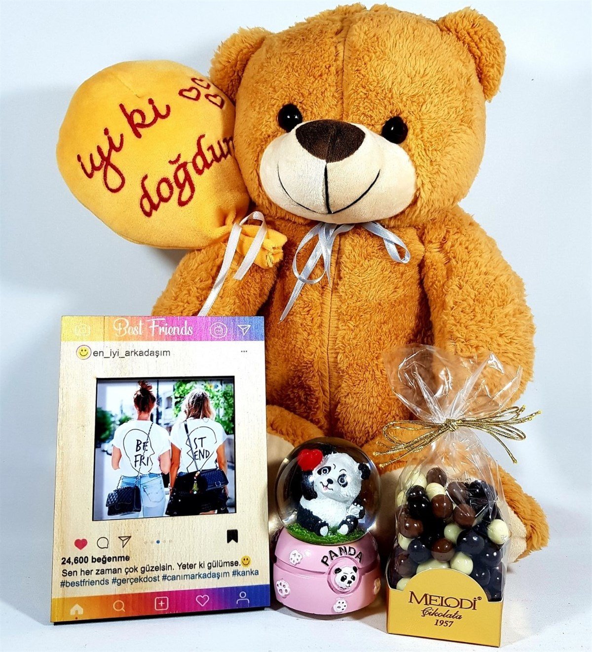 Best Friends İyiki Doğdun Ayıcık İnstagram Çerçeve Panda Kar Küresi Sütlü Bitter Çikolata Hediye Setleri