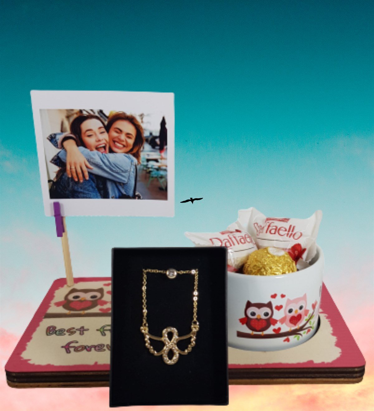 Kişiye Özel Fotoğraflı Best Friends Kupa İkili Melek Kolye Çikolata Set Hediye Setleri
