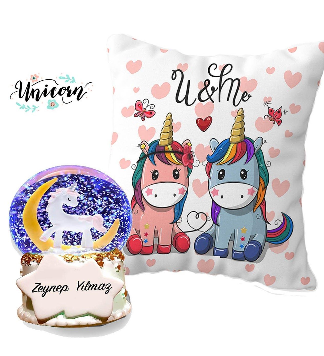 Kişiye Özel Sihirli Unicorn Işıklı Kar Küresi & Puf Yastık Arkadaşa Hediye BANYO GURUBU