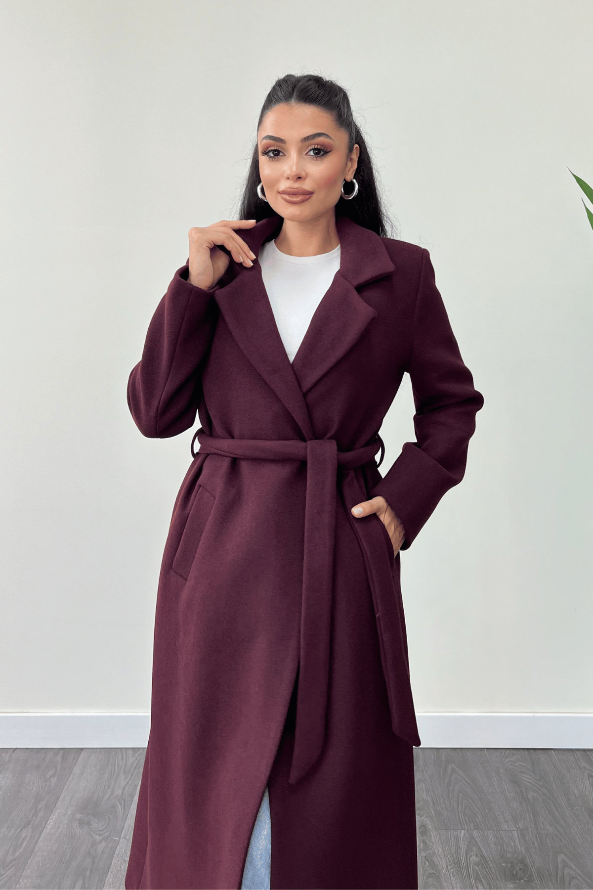 Cep Detaylı Kaşe Kaban - BORDO