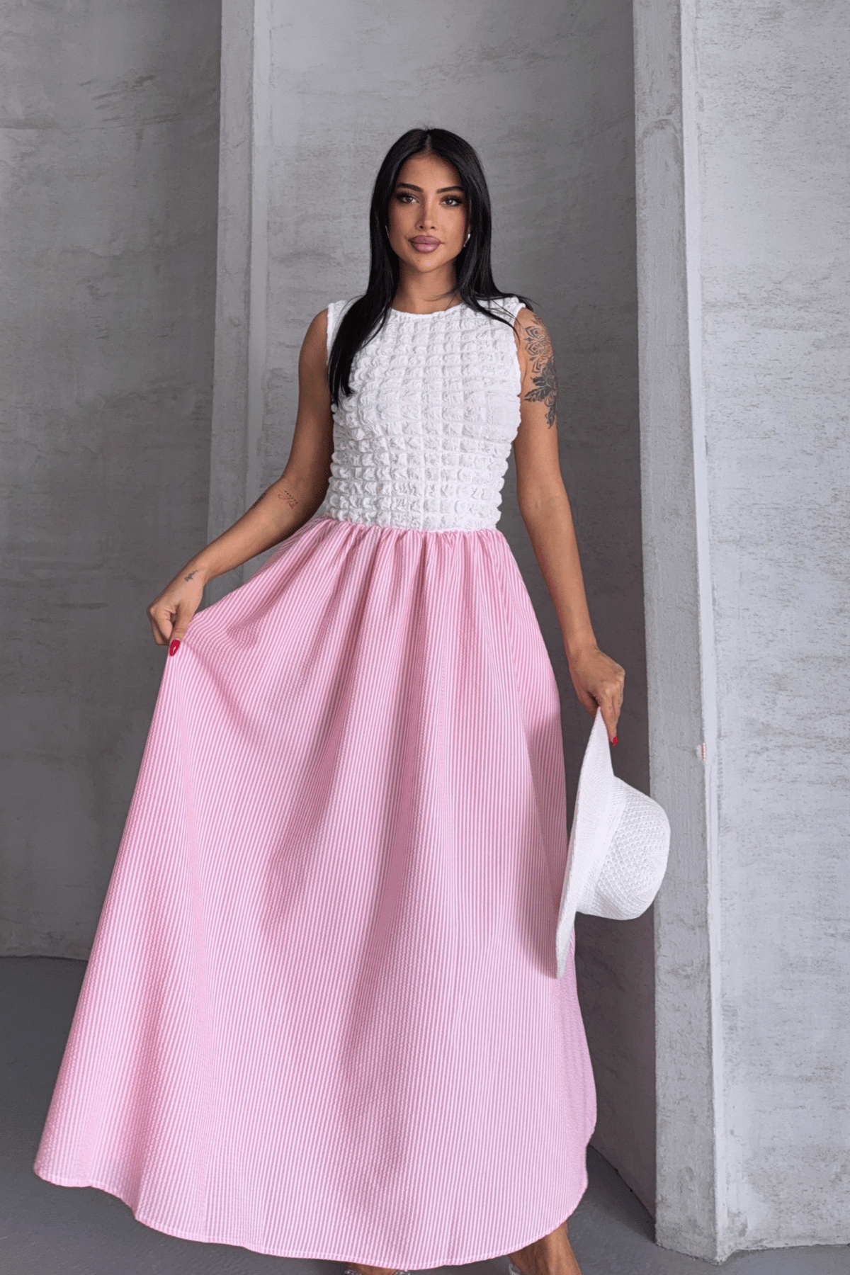 Çizgili Gofre Kumaş Elbise - PEMBE