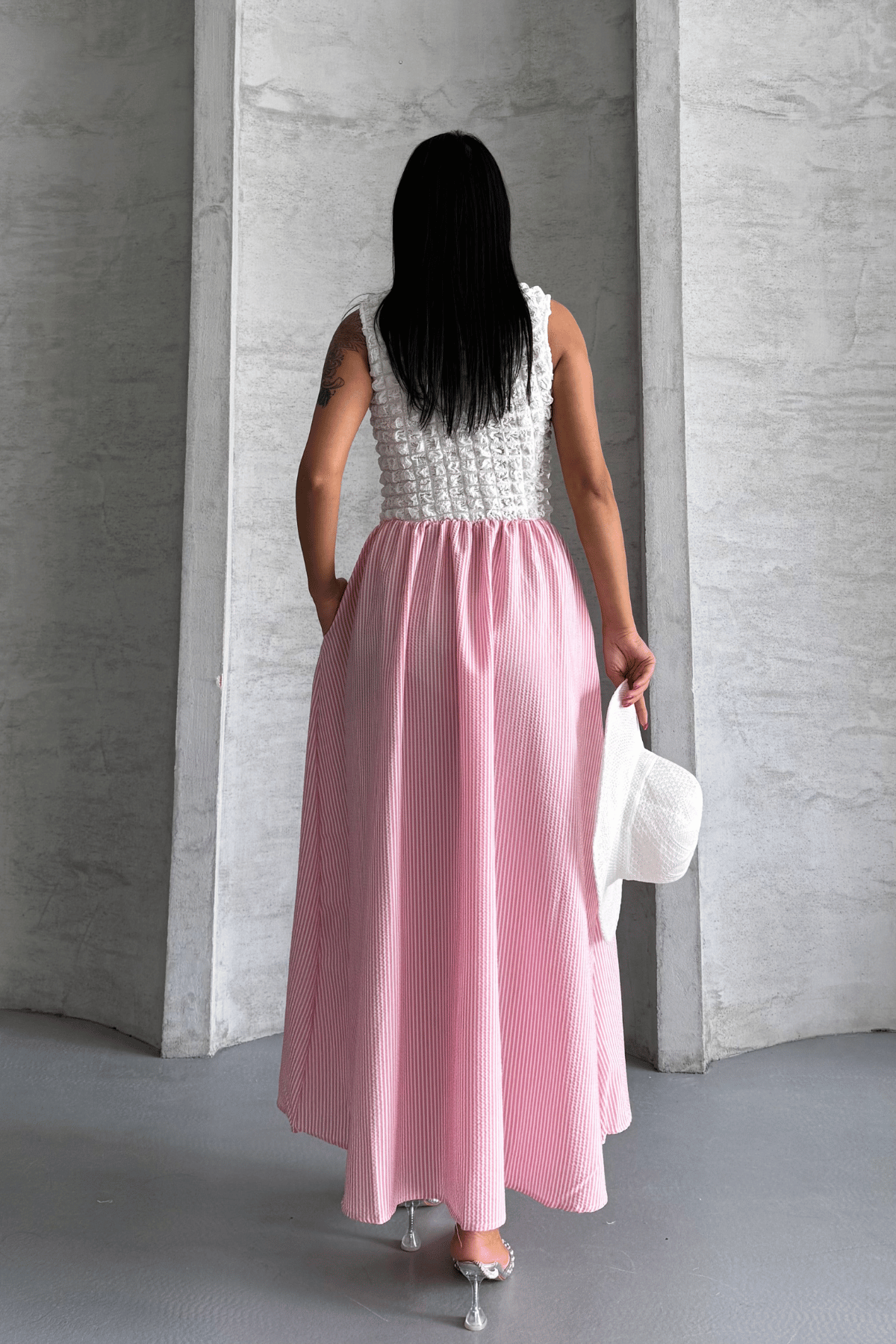 Çizgili Gofre Kumaş Elbise - PEMBE