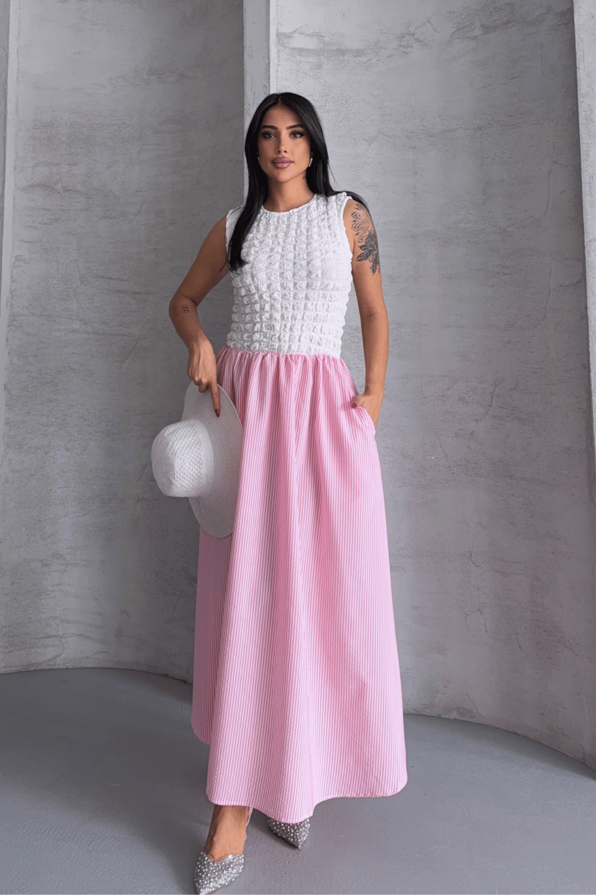 Çizgili Gofre Kumaş Elbise - PEMBE