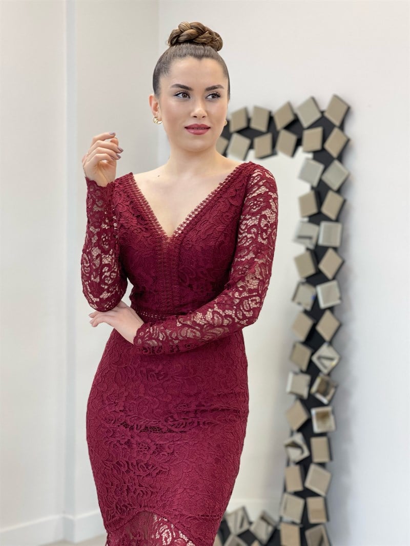 Full Güpür Volan Detaylı Elbise - BORDO