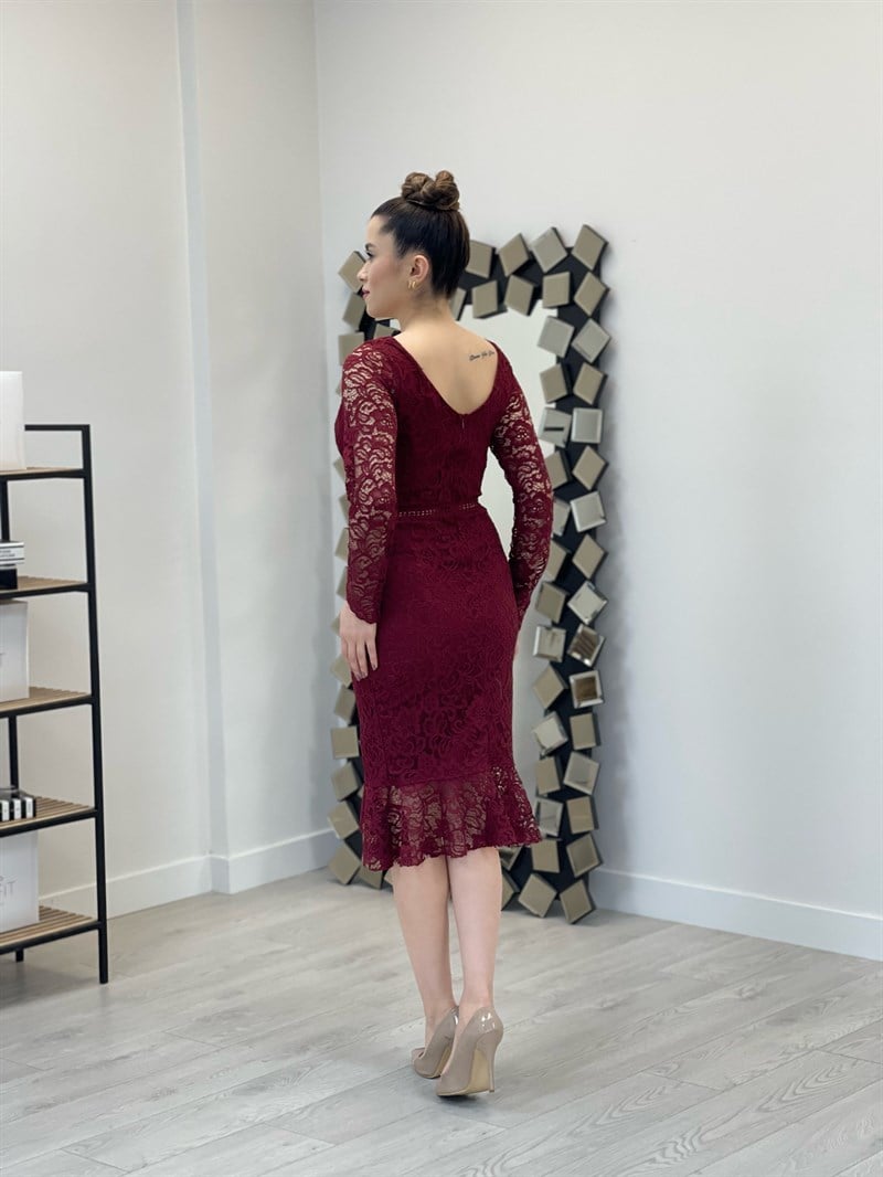 Full Güpür Volan Detaylı Elbise - BORDO
