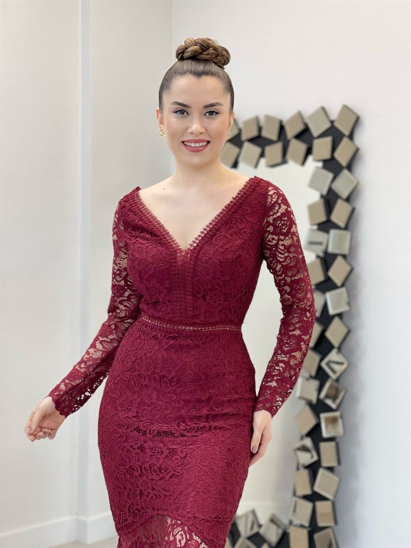 Full Güpür Volan Detaylı Elbise - BORDO