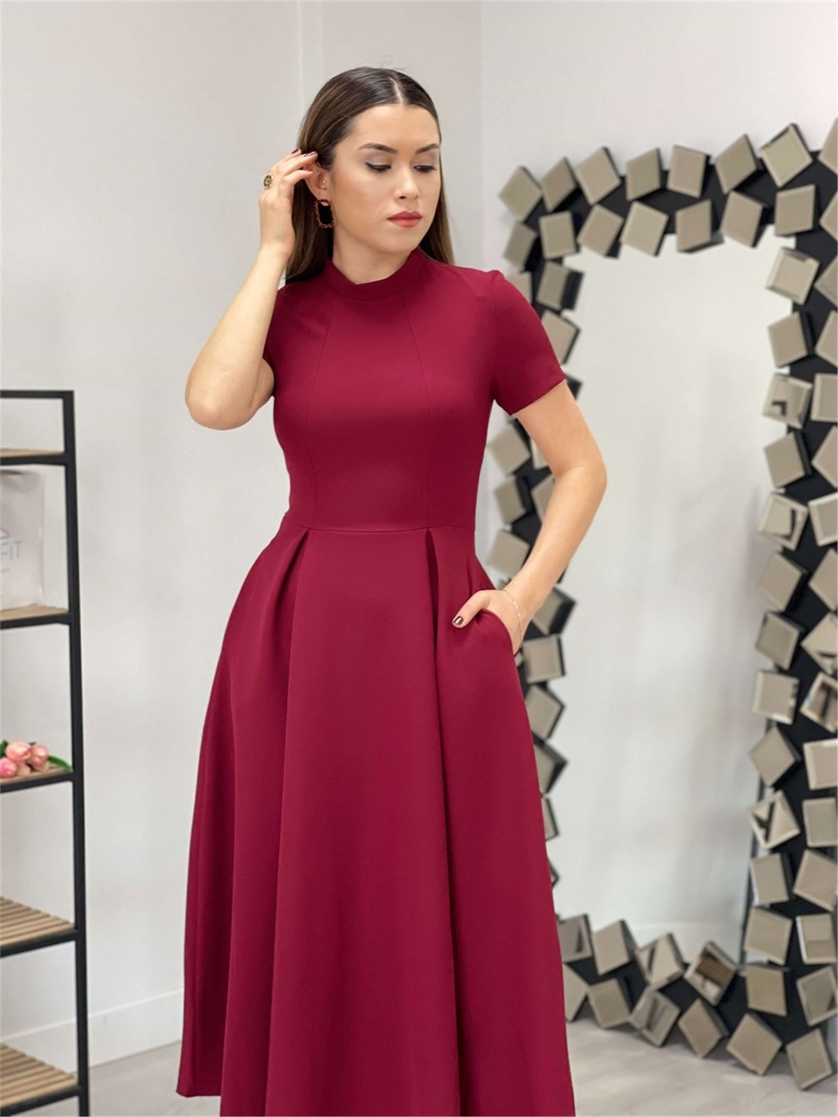 Krep Kumaş Cep Detaylı Midi Elbise - Bordo