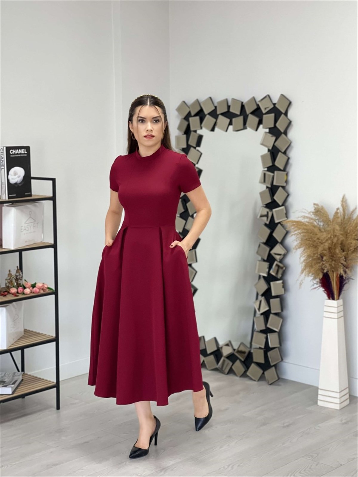 Krep Kumaş Cep Detaylı Midi Elbise - Bordo