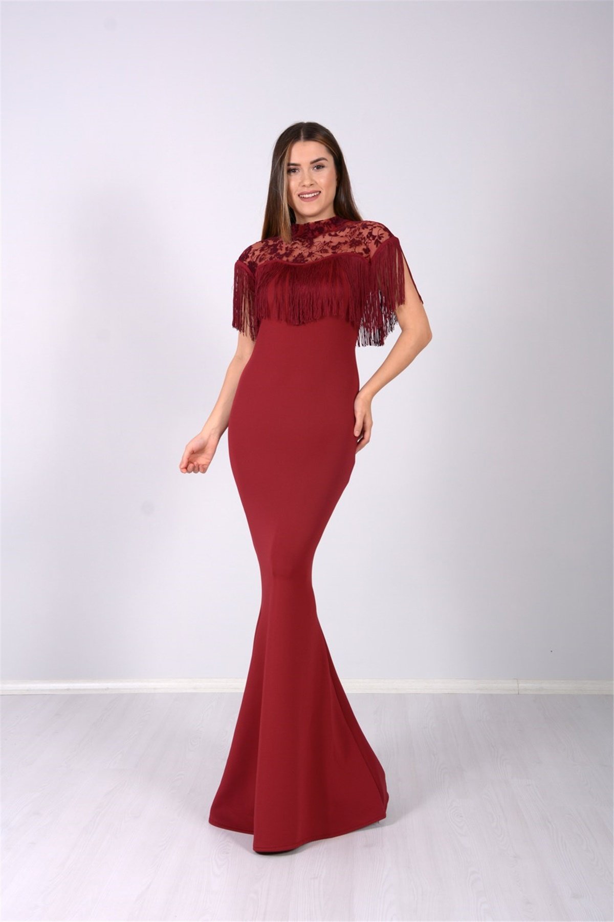 Püskül Abiye Elbise - Bordo