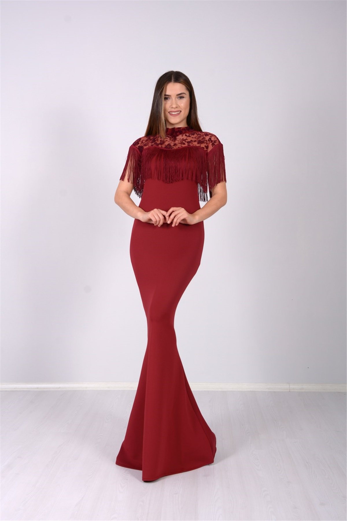 Püskül Abiye Elbise - Bordo