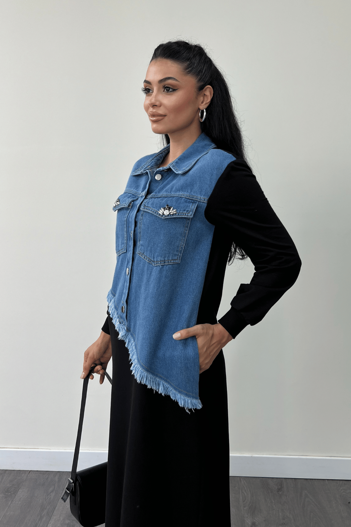 Üç İplik Kumaş Jean Detaylı Elbise - SİYAH