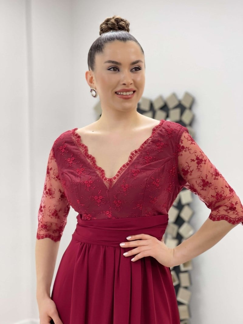 Üst Dantel Alt Şifon Elbise - BORDO