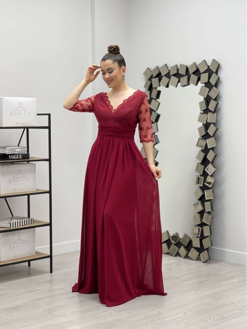 Üst Dantel Alt Şifon Elbise - BORDO