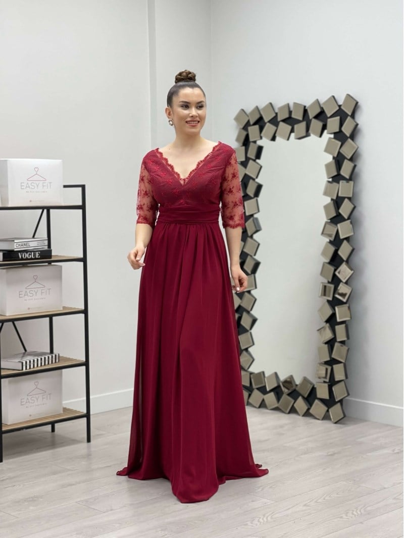 Üst Dantel Alt Şifon Elbise - BORDO