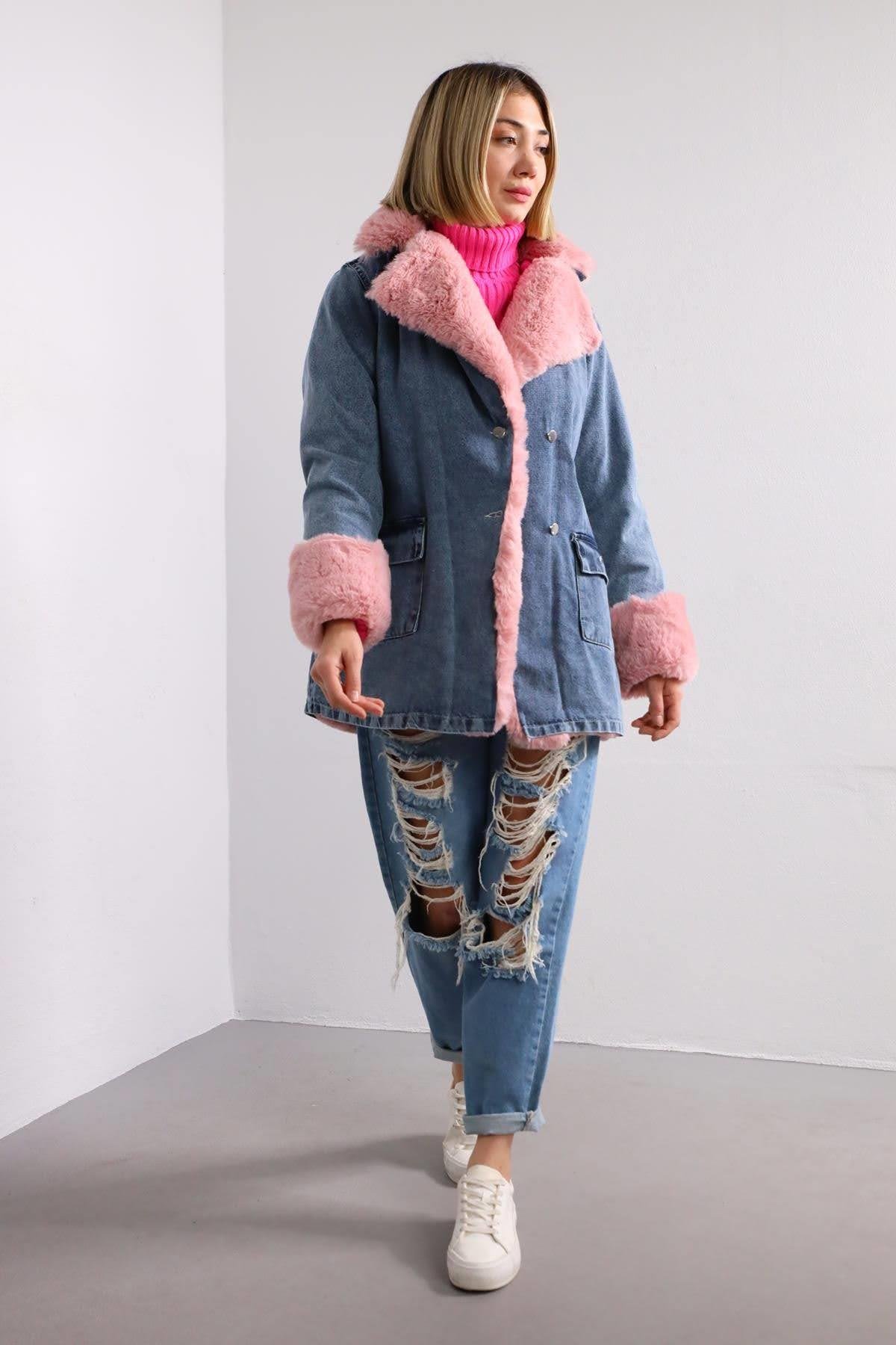 Mavi Pembe Kürklü Kot Ceket - Şaman Butik Mavi Pembe Kürklü Kot Ceket