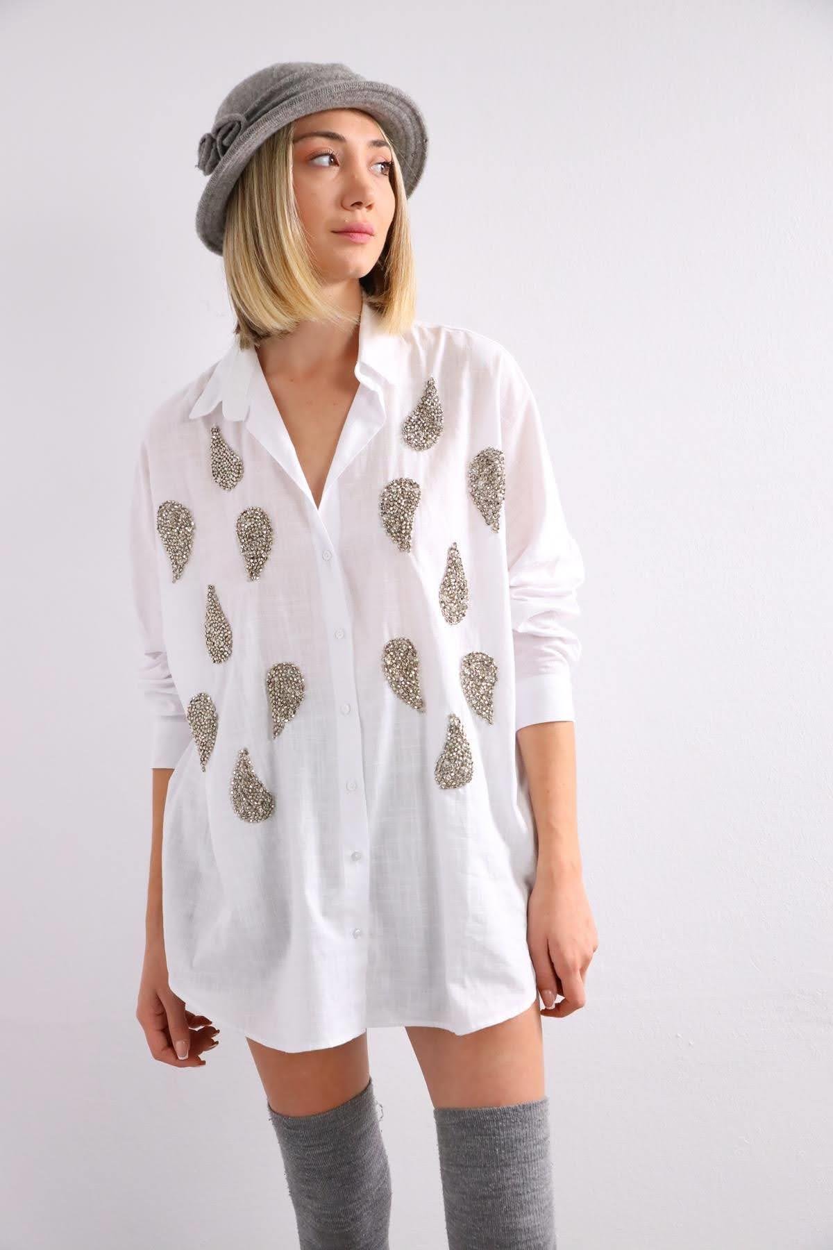 White Patterned Stone Embroidered Shirt White Patterned Stone Embroidered Shirt