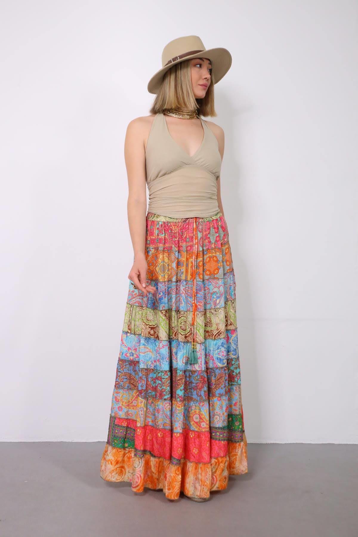  Renkli Patchwork Otantik İpek Etek