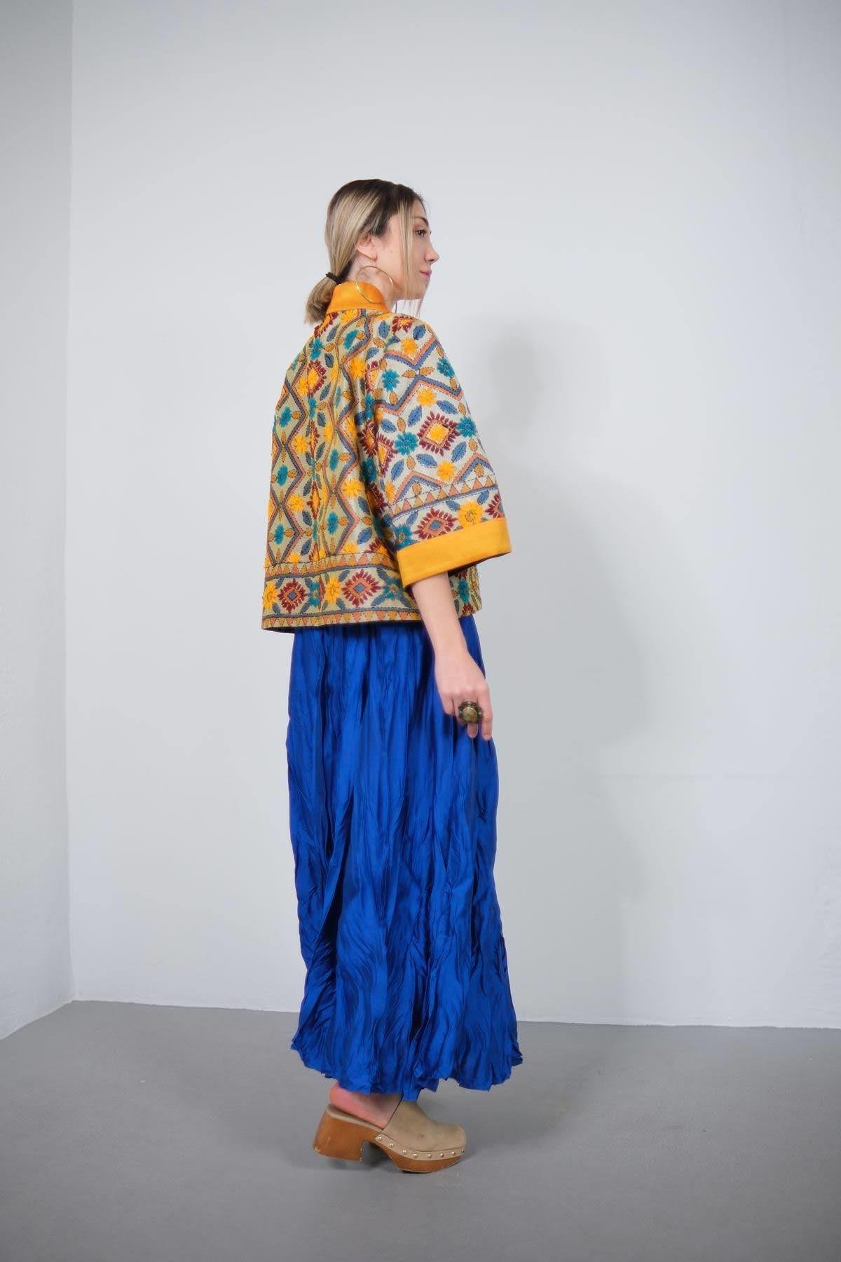 Hardal Rengi Otantik İşlemeli İpek Ceket - Şaman Butik Hardal Rengi Otantik İşlemeli İpek Ceket