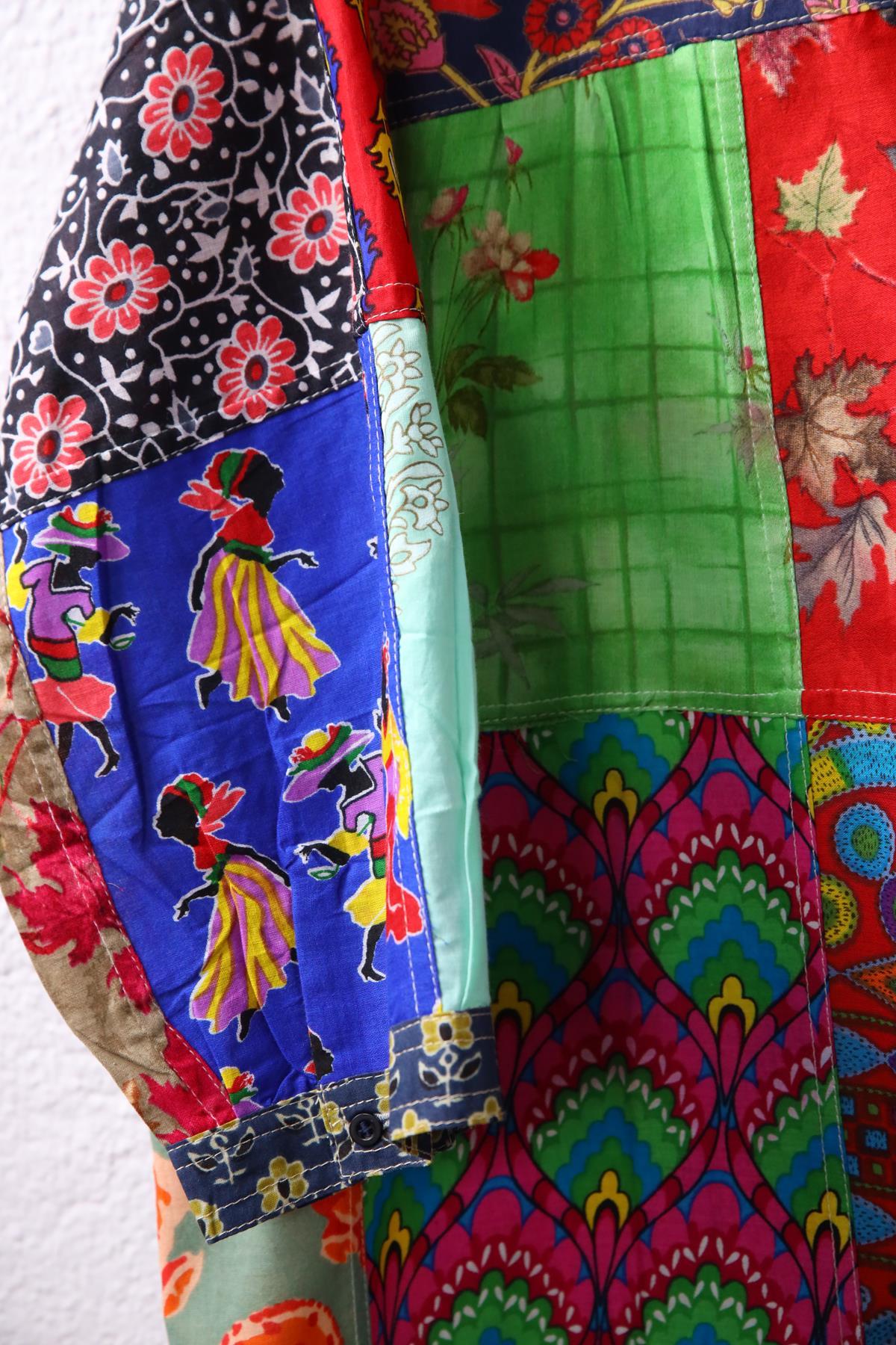Pastel Lacivert Yakası Düğmeli Patchwork Tunik - Şaman Butik Pastel Lacivert Yakası Düğmeli Patchwork Tunik