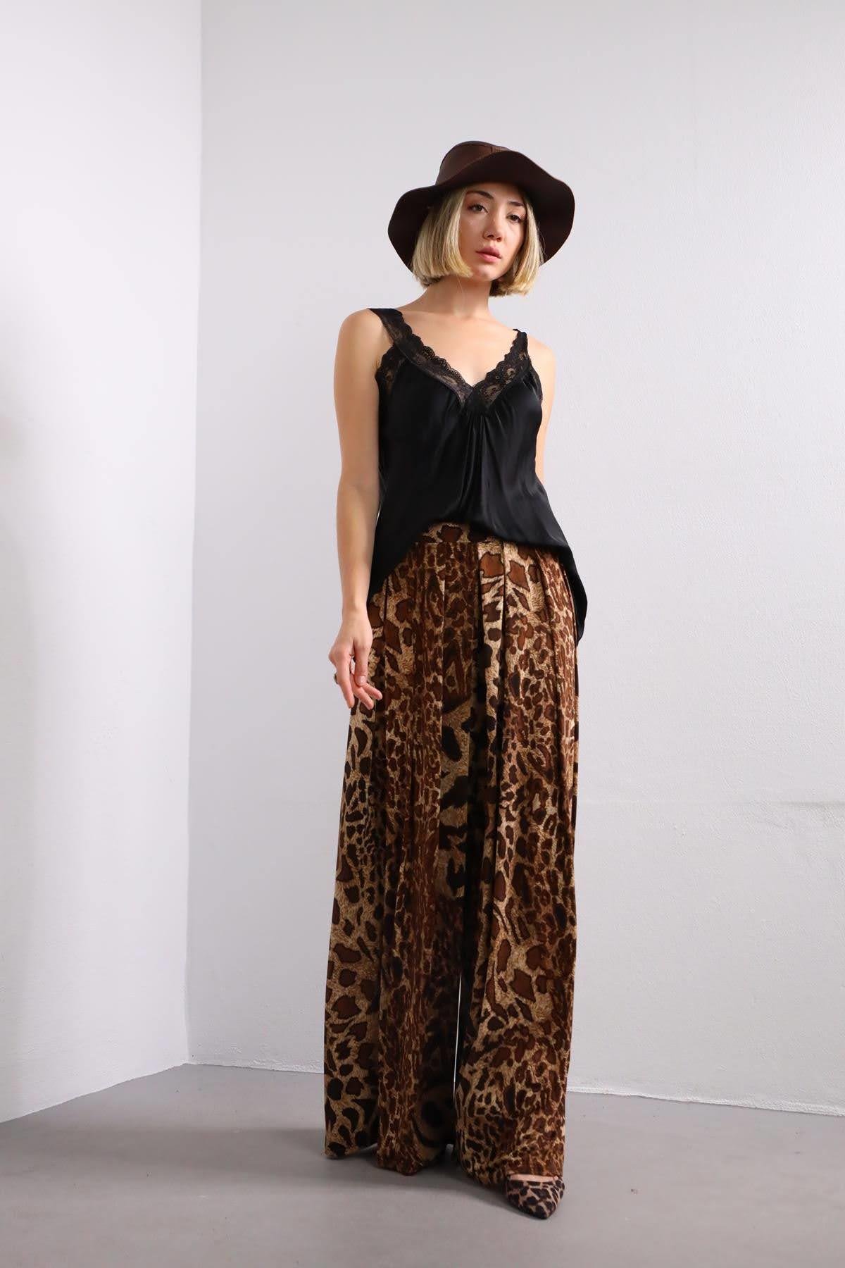 Brown Leopard Patterned Jersey Trousers - Saman Butik | Shop Online Brown Leopard Patterned Jersey Trousers