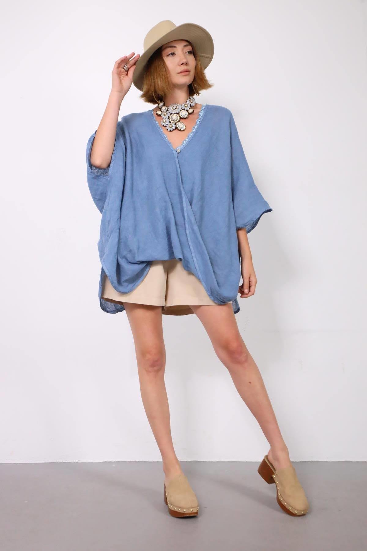 İndigo Blue One Button Linen Judith Blouse İndigo Blue One Button Linen Judith Blouse