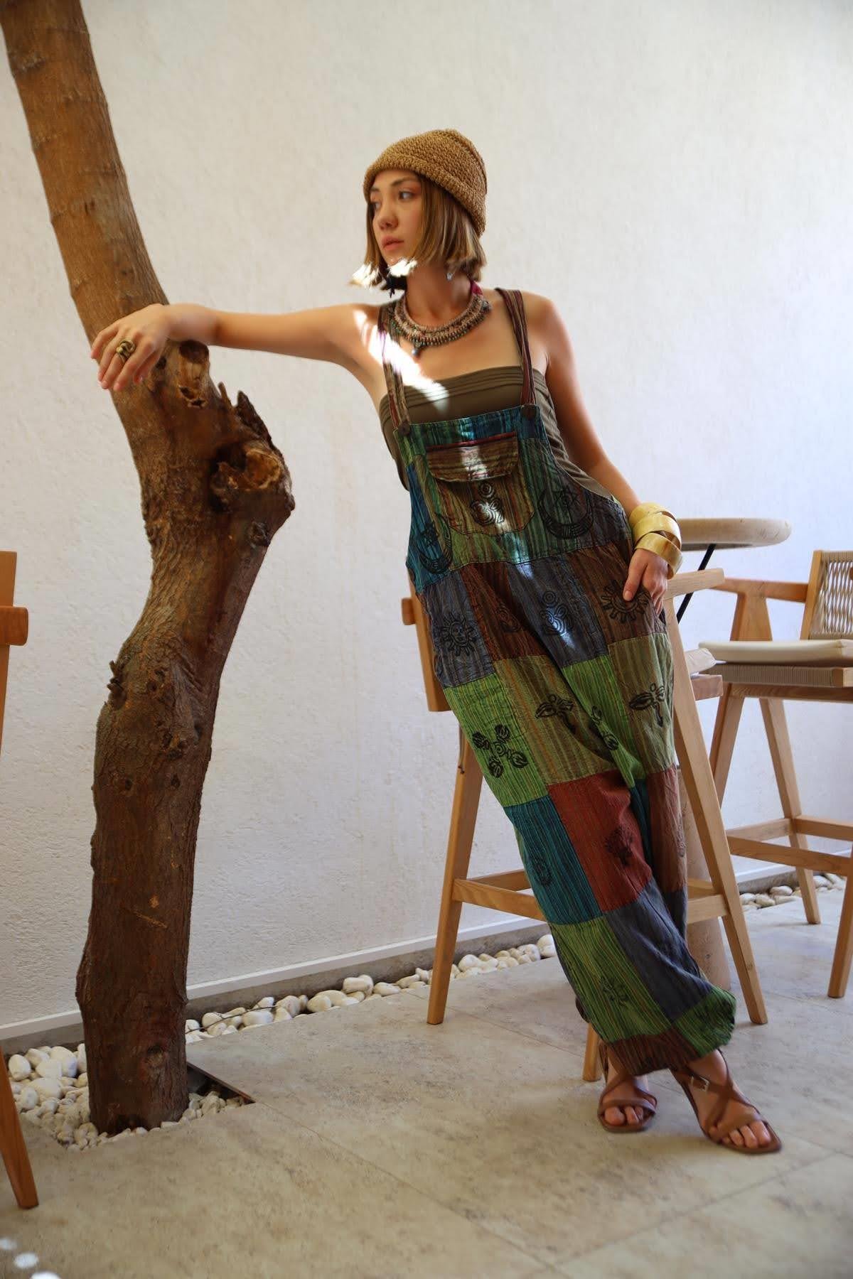  Renkli Yıkama Patchwork Tulum