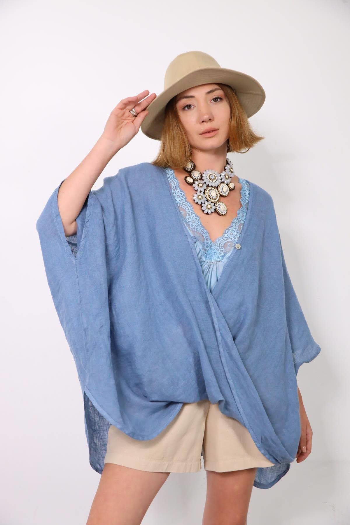 İndigo Blue One Button Linen Judith Blouse İndigo Blue One Button Linen Judith Blouse