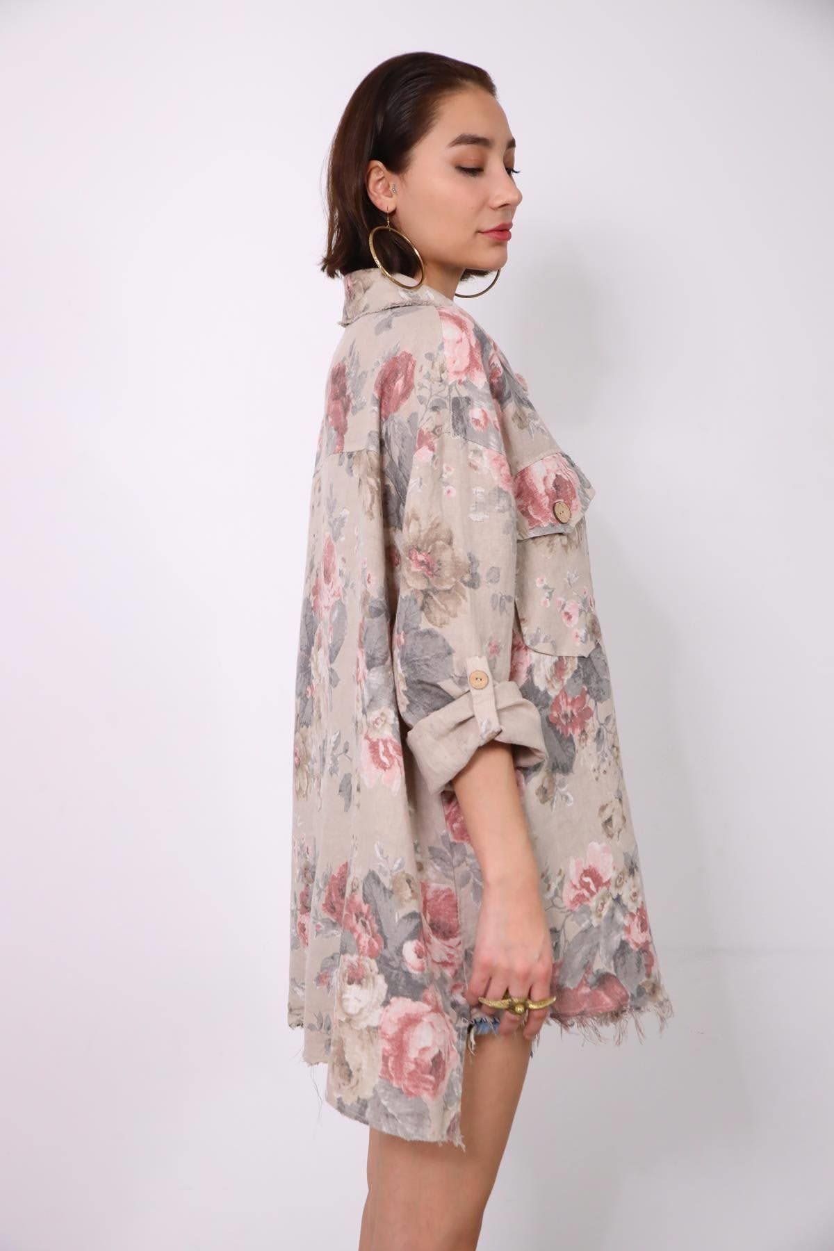 Açık Vizon Çiçek Desenli Önü Düğmeli Püsküllü Tunik - Şaman Butik Açık Vizon Çiçek Desenli Önü Düğmeli Püsküllü Tunik