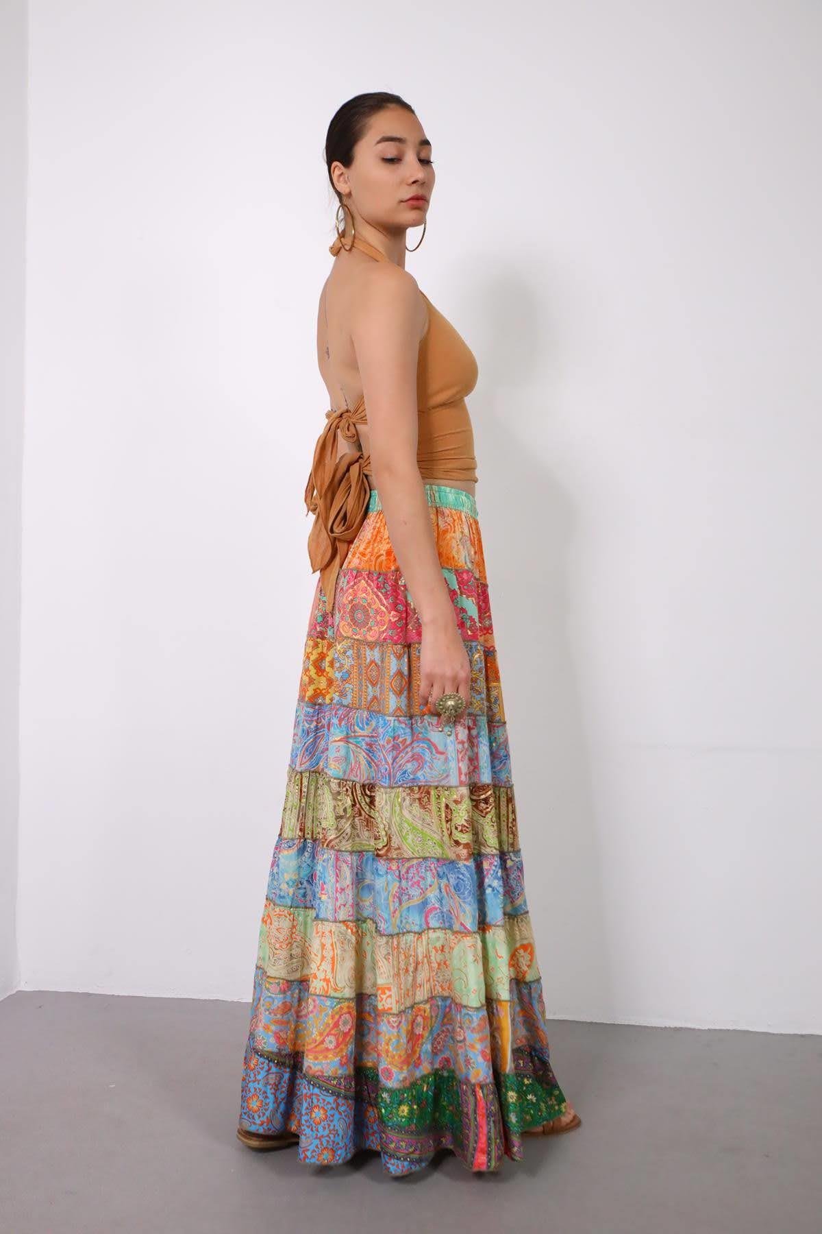  Renkli Patchwork Otantik İpek Etek