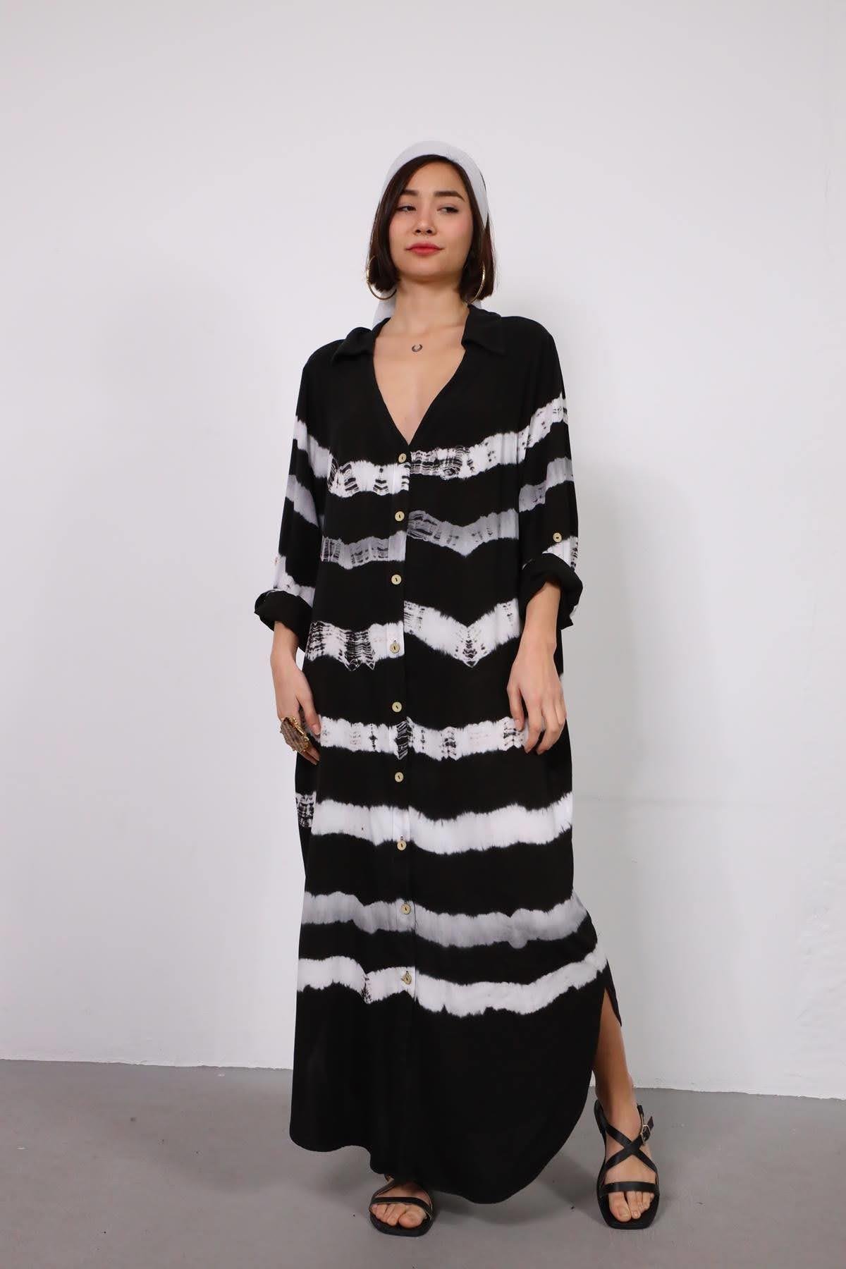 Siyah Batikli Gömlek Elbise - Şaman Butik - Bohem Giyim ve Aksesuar | Kadın & Erkek Siyah Batikli Gömlek Elbise